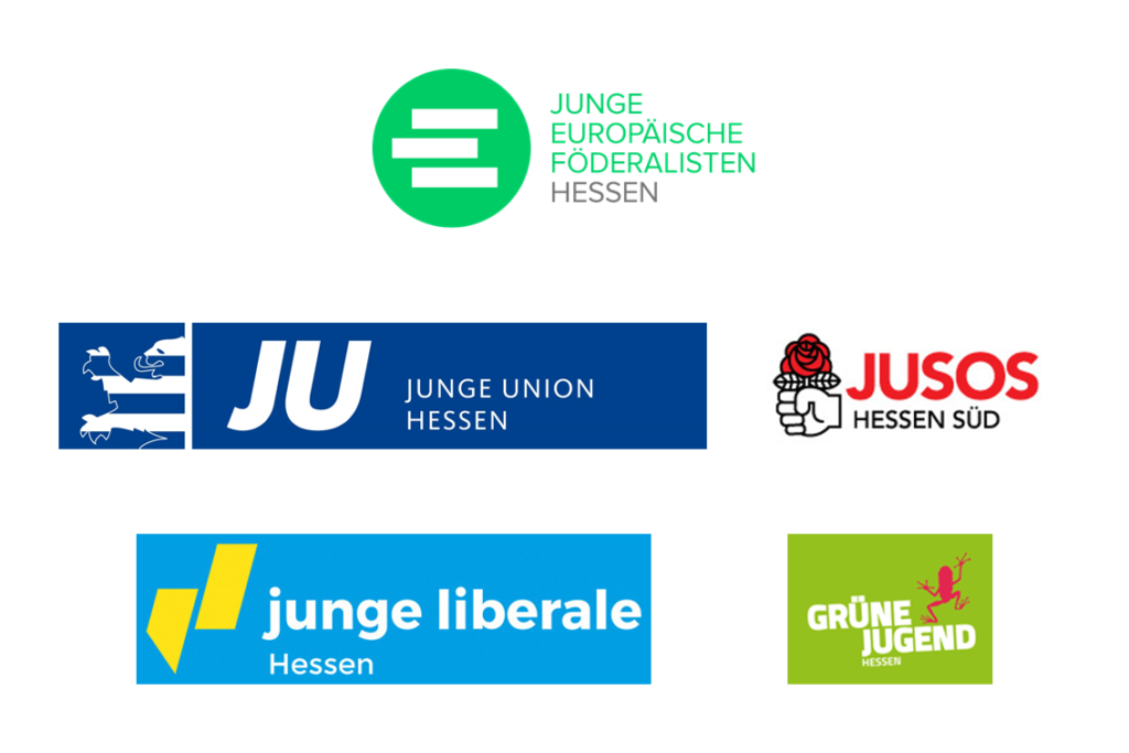 Logos JEF Hessen, JU Hessen, Jusos Hessen Süd, Junge Liberale Hessen, Grüne Jugend Hessen