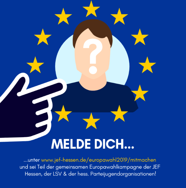 Melde Dich unter www.jef-hessen.de/europawahl2019/mitmachen und sei Teil der gemeinsamen Europawahlkampagne der JEF Hessen, der hessischen Parteijugendorganisationen und der Landesschülervertretung Hessen!