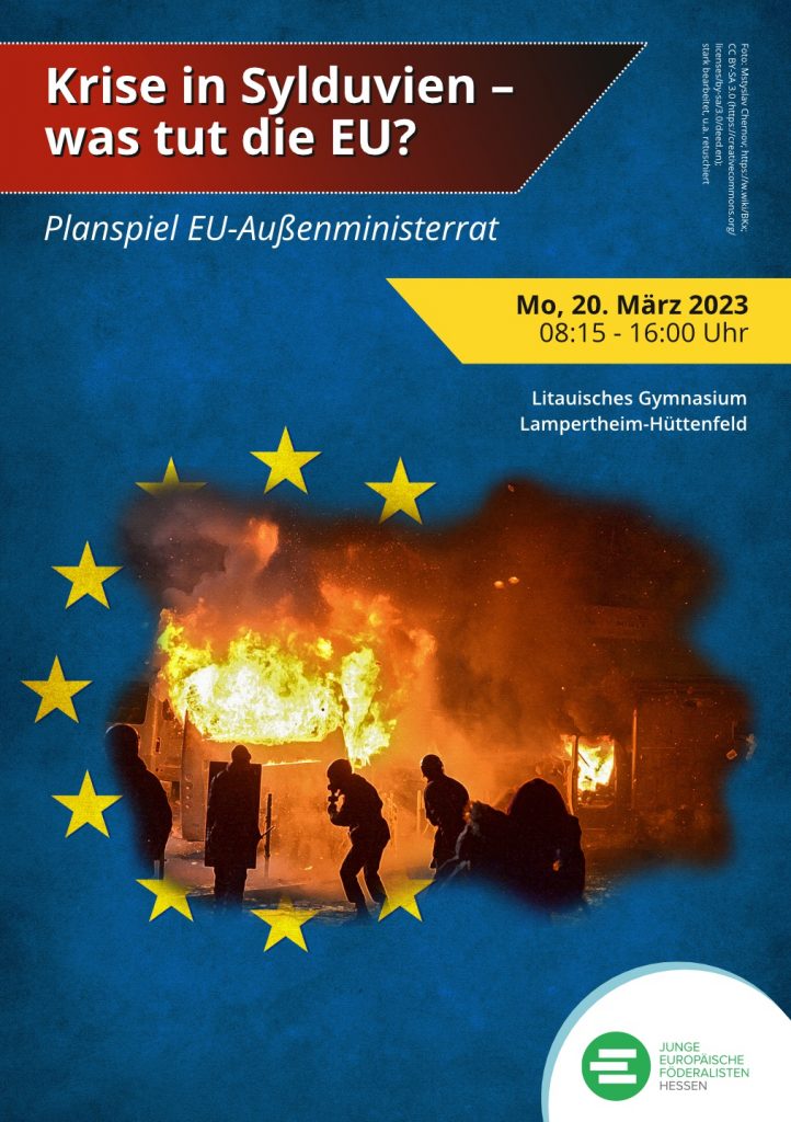 Krise in Sylduvien - was tut die EU?Planspiel EU-Außenministerrat Mo, 20. März 2023 08:15 - 16:00 Uhr Litauisches Gymnasium Lampertheim-Hüttenfeld Junge Europäische Föderalisten Hessen